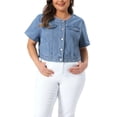 thumbnail image 1 of Agnes Orinda Women's Plus Size Cropped Denim Vest Crew Neck Button Down Short Sleeve Casual Jean Jacket with Pocket Decor 1X Light Blue, 1 of 5