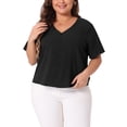 thumbnail image 1 of Agnes Orinda Women's Plus Size Cropped Tops V Neck Short Sleeve Button Down Summer Casual Shirt 1X Black, 1 of 6