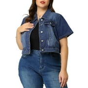 Agnes Orinda Women's Plus Size Cropped Wash Short Sleeves Denim Jacket