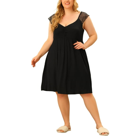 Agnes Orinda Women's Plus Size Deep V Neck Lace Floral Cap Sleeve Pleated Sleepshirts