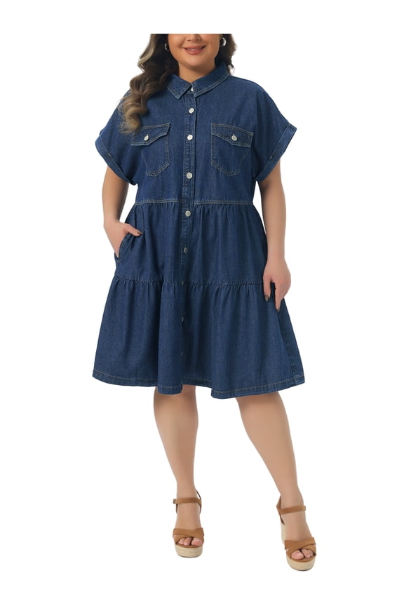Women's Plus Size Denim Babydoll Dress Short Sleeve Button Down Tiered Hem Casual A-line Jean Dresses with Pockets 3X Dark Blue