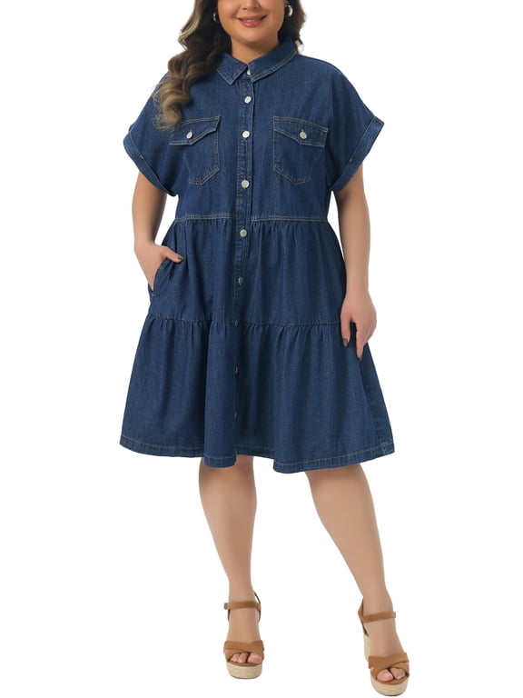 Women's Plus Size Denim Babydoll Dress Short Sleeve Button Down Tiered Hem Casual A-line Jean Dresses with Pockets 3X Dark Blue