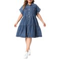 thumbnail image 1 of Agnes Orinda Women's Plus Size Denim Babydoll Dress Short Sleeve Button Down Tiered Hem Casual A-line Jean Dresses with Pockets 4X Grey Blue, 1 of 6