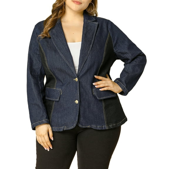 Agnes Orinda Women's Plus Size Denim Blazer Notched Lapel Button Work Jean Jackets 1X Blue