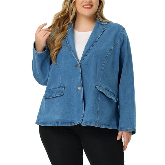 Agnes Orinda Women's Plus Size Denim Blazer Notched Lapel Button Work Jean Jackets 2X Mid Blue