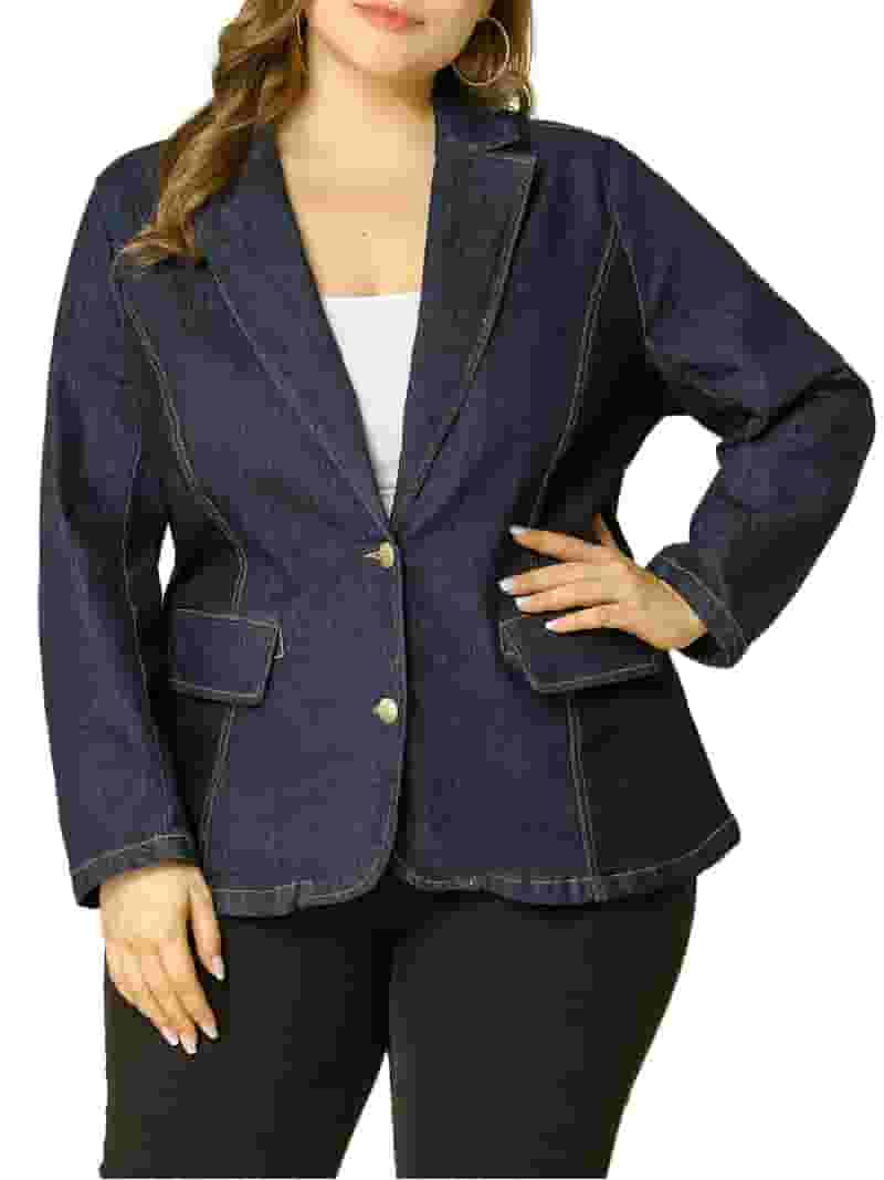 スーツ O BIANI Women Jackets II866AC002883 Blue Agnes Orinda Women's Plus Size Denim Blazer Notched Lapel