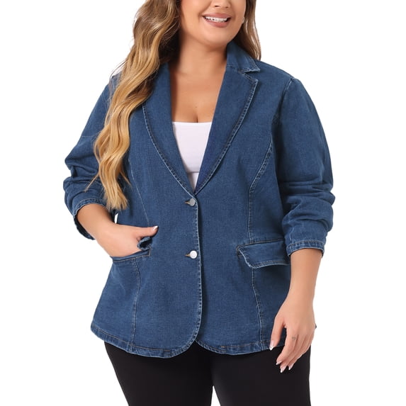 Agnes Orinda Women's Plus Size Denim Blazer Notched Lapel Button Work Jean Jackets 3X Denim Blue