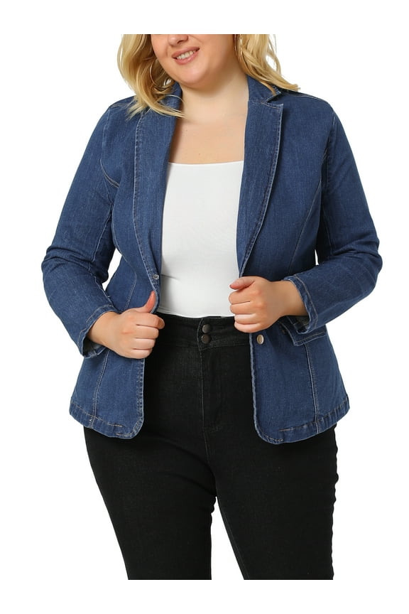 Women's Plus Size Denim Blazer Notched Lapel Button Work Jean Jackets 5X Sky Blue
