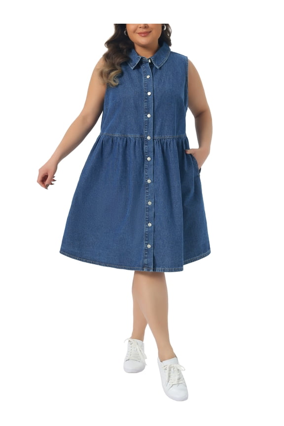 Women's Plus Size Denim Dress Lapel Sleeveless Button Down Cute Summer Midi Jean Babydoll Dresses 2X Blue