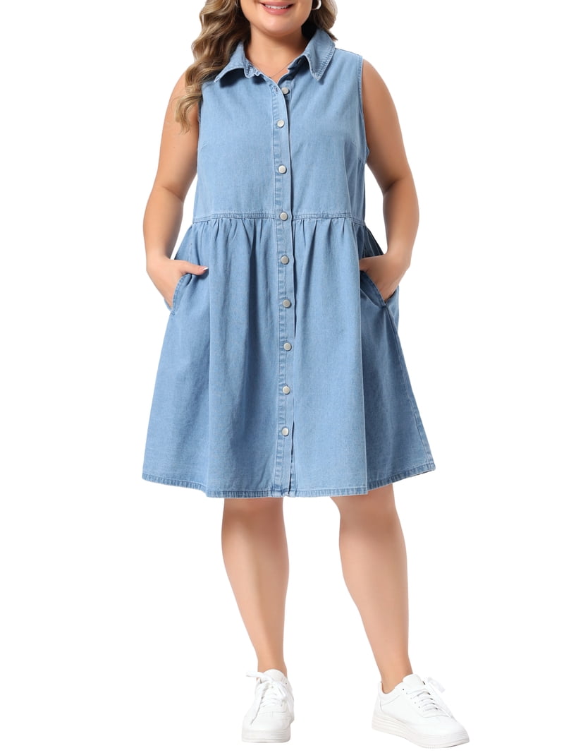 Agnes Orinda Women's Plus Size Denim Dress Lapel Sleeveless Button Down Cute Summer Midi Jean Babydoll Dresses 3X Light Blue, Size: 3XL
