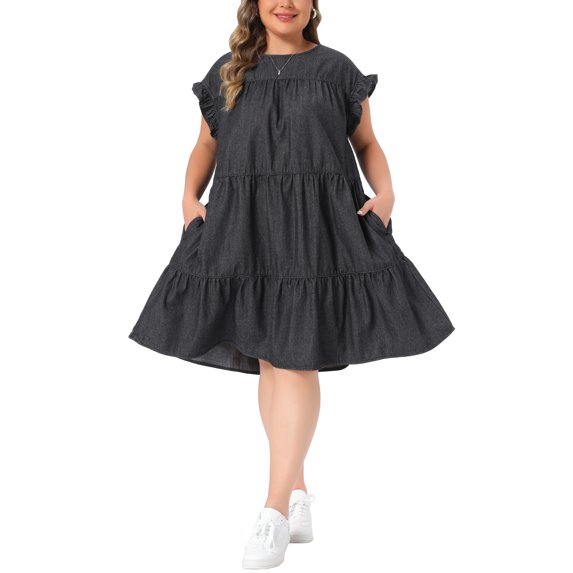 Agnes Orinda Women's Plus Size Denim Dress Pleated Ruffle Sleeve Flowy Swing 2026 Summer Casual Jean Midi Babydoll Dresses with Pocket 2X Black