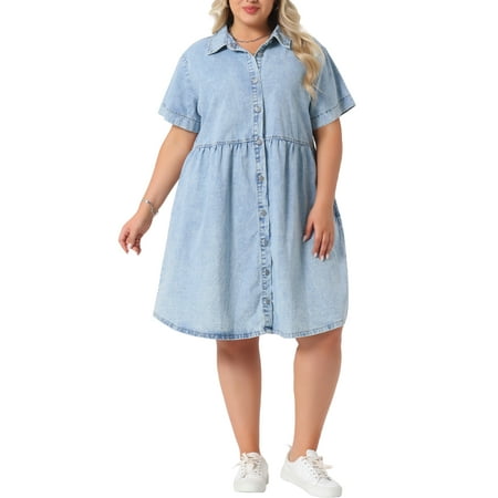 Agnes Orinda Women's Plus Size Babydoll Denim Dress Button Down Lapel Short Sleeves Casual Jean Shirt Dresses with Pockets 1X Light Blue