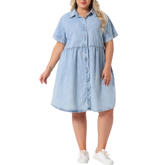 Agnes Orinda Women's Plus Size Babydoll Denim Dress Tiered Button Down Lapel Short Sleeve Casual Jean Shirt Dresses with Pockets 1X Light Blue