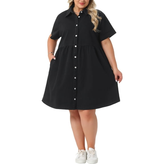 Agnes Orinda Women's Plus Size Babydoll Denim Dress Tiered Button Down Lapel Short Sleeve Casual Jean Shirt Dresses with Pockets 3X Black