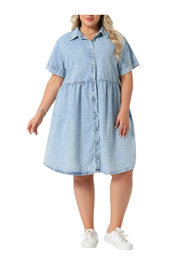 Women's Plus Size Babydoll Denim Dress Tiered Button Down Lapel Short Sleeve Casual Jean Shirt Dresses with Pockets 3X Light Blue