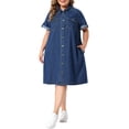 thumbnail image 1 of Agnes Orinda Women's Plus Size Denim Dresses Button Down Lapel Short Sleeve Midi Summer Casual Denim Jean Shirt Dress with Pockets 1X Dark Blue, 1 of 6