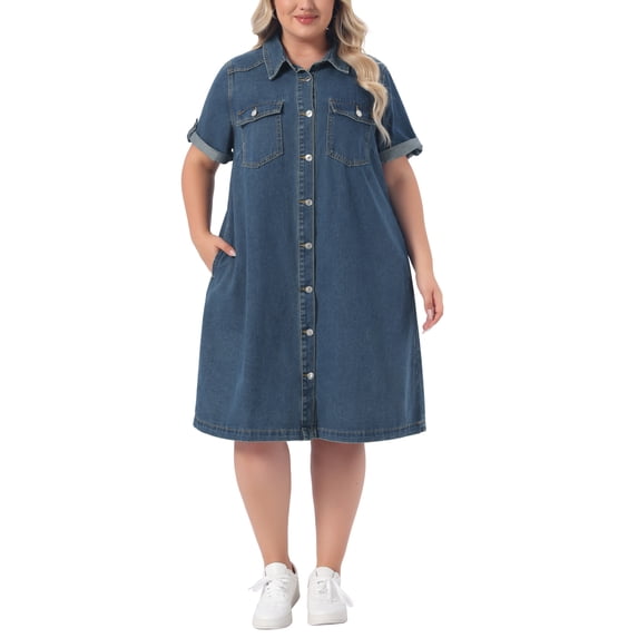 Agnes Orinda Women's Plus Size Denim Dresses Button Down Lapel Short Sleeve Midi Summer Casual Denim Jean Shirt Dress with Pockets 1X Retro Blue