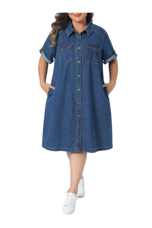 Women's Plus Size Denim Dresses Button Down Lapel Short Sleeve Midi Summer Casual Denim Jean Shirt Dress with Pockets 3X Blue