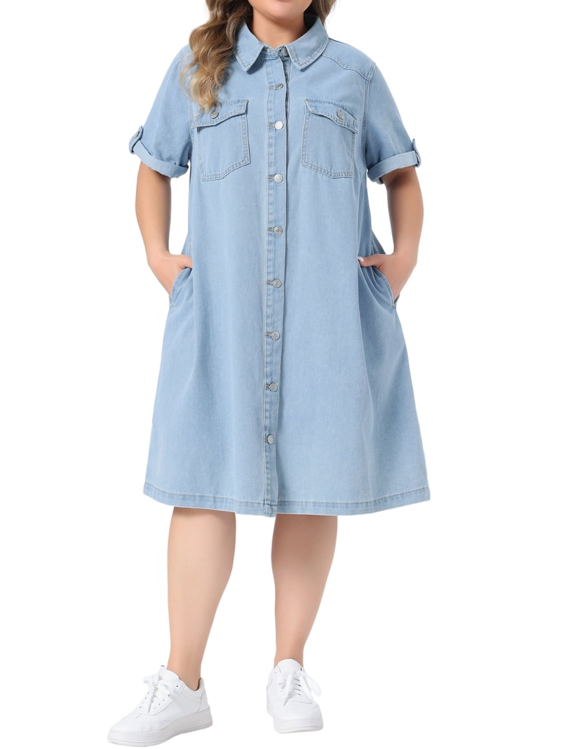Agnes Orinda Women's Plus Size Denim Dresses Button Down Lapel Short Sleeve Midi Summer Casual Denim Jean Shirt Dress with Pockets 1X Dark Blue