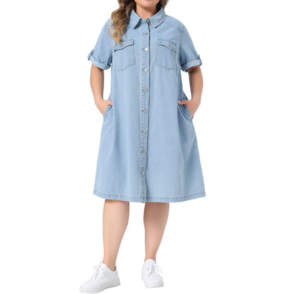 Agnes Orinda Women's Plus Size Denim Dresses Button Down Lapel Short Sleeve Midi Summer Casual Denim Jean Shirt Dress with Pockets 4X Light Blue
