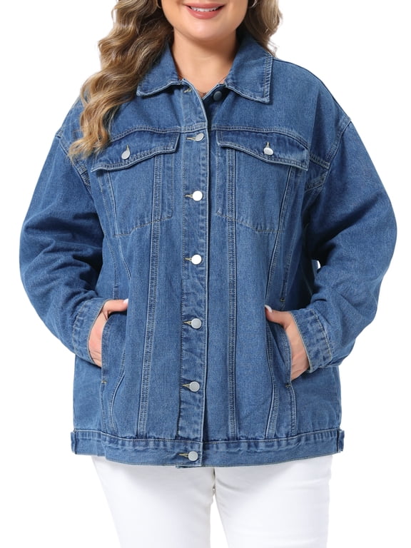 Women's Plus Size Denim Jacket Button Down Lapel Long Sleeve Coat Boyfriend Casual Jean Jackets 1X Blue