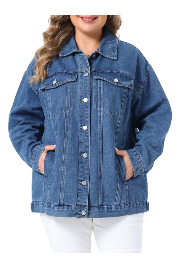 Women's Plus Size Denim Jacket Button Down Lapel Long Sleeve Coat Boyfriend Casual Jean Jackets 2X Blue