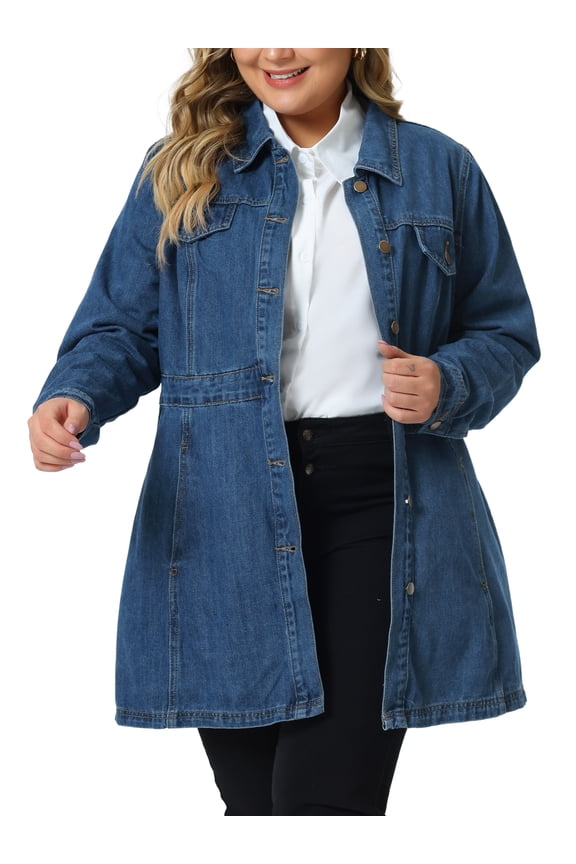 Women's Plus Size Denim Jacket Buttons Long Sleeves Jean Jackets 4X Blue
