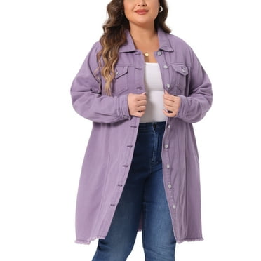 Agnes Orinda Women's Plus Size Denim Jackets Long Sleeve Button Up Casual Jean Coats 1X Purple
