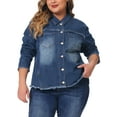 thumbnail image 1 of Agnes Orinda Women' s Plus Size Denim Jacket Frayed Hem Long Sleeve Pockets Button Up Denim Jackets, 1 of 5