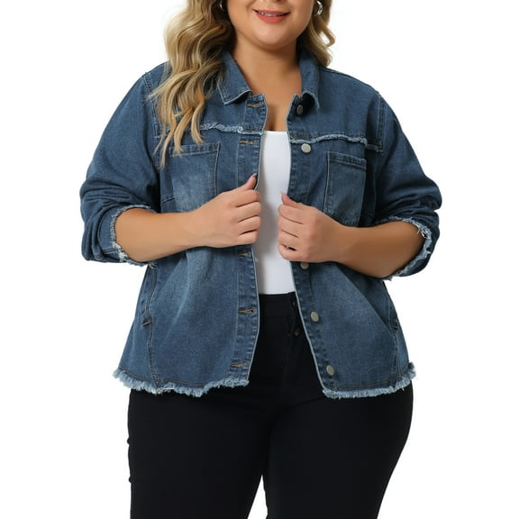 Agnes Orinda Women' s Plus Size Denim Jacket Frayed Hem Long Sleeve Pockets Button Up Denim Jackets