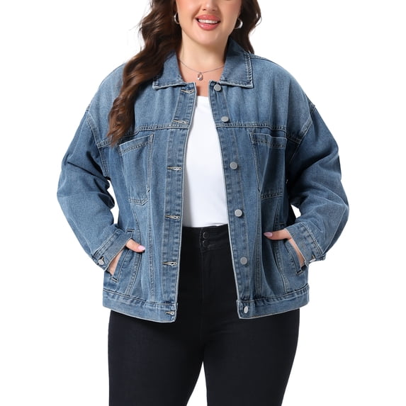 Agnes Orinda Women's Plus Size Denim Jacket Lapel Long Sleeve Button Washed Casual Jean Jackets with Pocket 1X Grey Blue