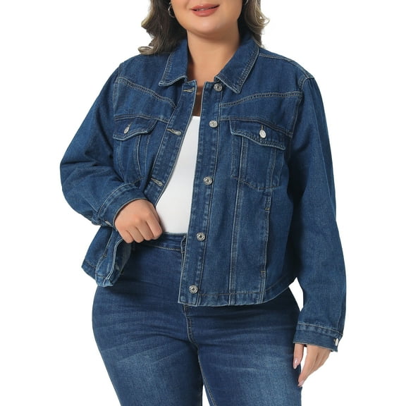 Agnes Orinda Women's Plus Size Denim Jacket Lapel Long Sleeves Button Down Casual Jean Shacket Jackets with Pockets 1X Blue