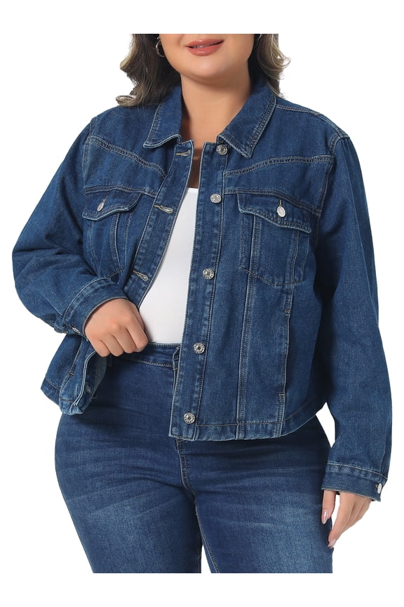 Women's Plus Size Denim Jacket Lapel Long Sleeves Button Down Casual Jean Shacket Jackets with Pockets 5X Blue