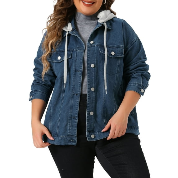 Agnes Orinda Women's Plus Size Denim Jacket Layered Drawstring Detachable Hoodie with Pockets Jean Jackets 1X Blue