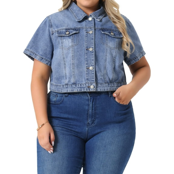 Agnes Orinda Women's Plus Size Denim Jacket Short Sleeves Button Down Cropped Jean Jackets 3X Gray Blue