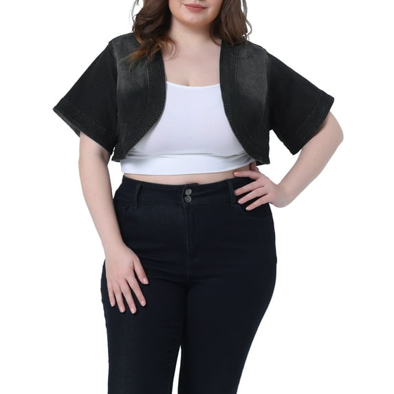 Agnes Orinda Women's Plus Size Denim Jackets Cardigan Casual Short Crop Jean Jacket Shrug 3X Black