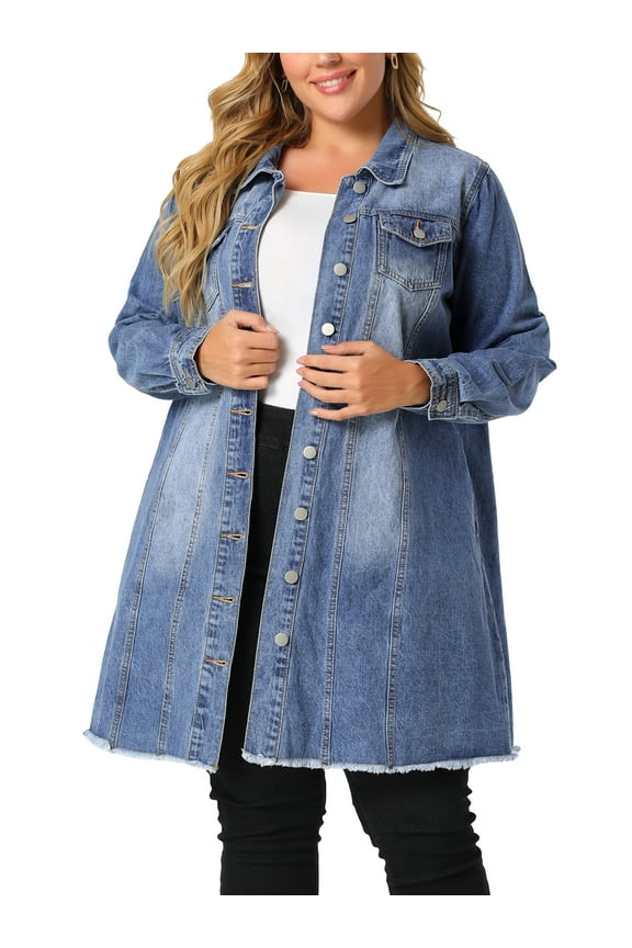 Women's Plus Size Jean Jacket Long Sleeve Maxi Length Denim Jackets 1X Blue