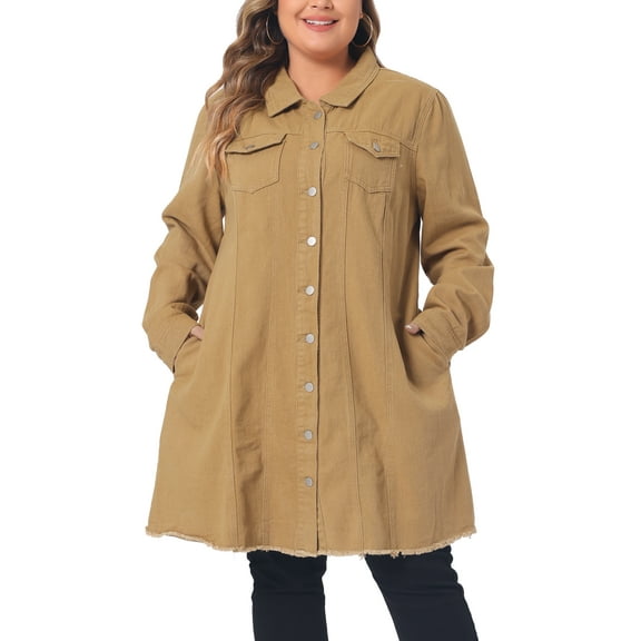 Agnes Orinda Women's Plus Size Jean Jacket Long Sleeve Maxi Length Denim Jackets 1X Khaki
