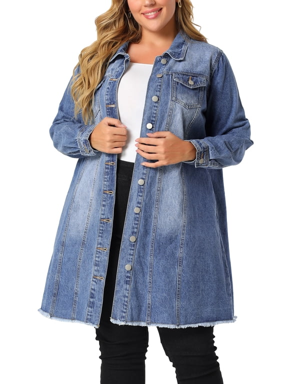 GRACE & GRANDEUR Women's Plus Size Long Sleeve Maxi Denim Jacket Distressed Long Jean Coat with Chest Pockets 4X Blue