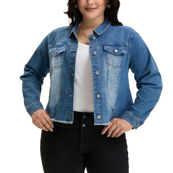 Agnes Orinda Women's Plus Size Jean Jackets Long Sleeves Washed Casual Denim Coats with Pockets 1X Blue