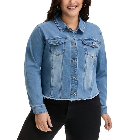 Agnes Orinda Women's Plus Size Jean Jackets Long Sleeves Washed Casual Denim Coats with Pockets 1X Light Blue