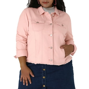 Agnes Orinda Women's Plus Size Denim Jackets Long Sleeve Washed Jean Coats with Pockets 1X Pink