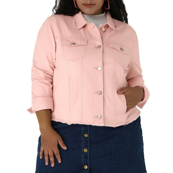 Agnes Orinda Women's Plus Size Jean Jackets Long Sleeves Washed Casual Denim Coats with Pockets 1X Pink