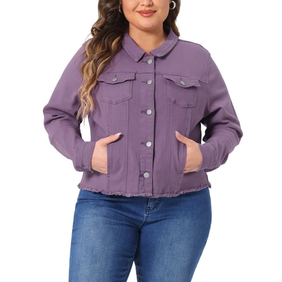 Agnes Orinda Women's Plus Size Jean Jackets Long Sleeves Washed Casual Denim Coats with Pockets 1X Purple