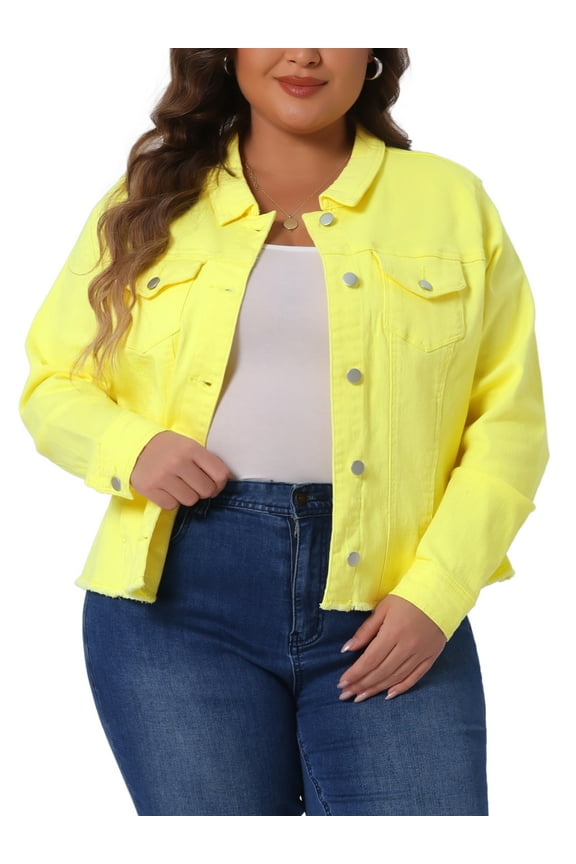 Women's Plus Size Jean Jackets Long Sleeves Washed Casual Denim Coats with Pockets 1X Yellow