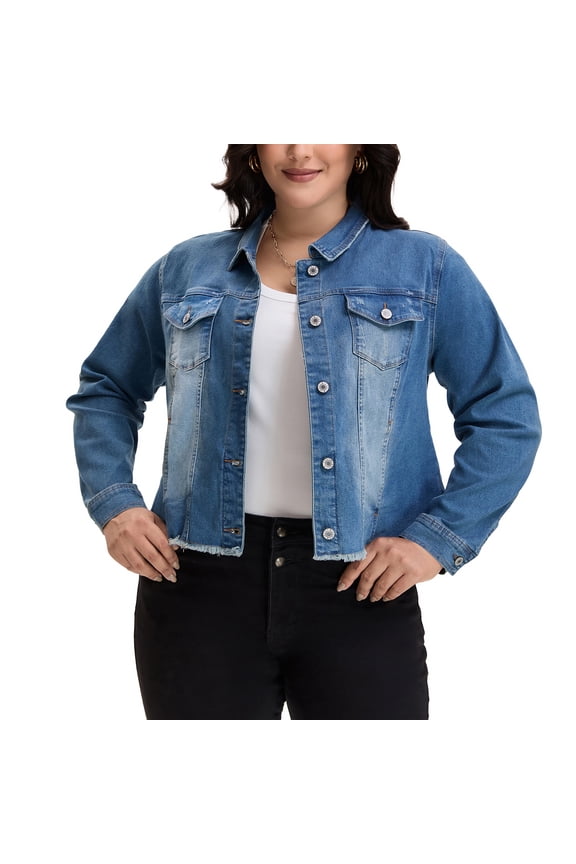 Women's Plus Size Jean Jackets Long Sleeves Washed Casual Denim Coats with Pockets 2X Blue