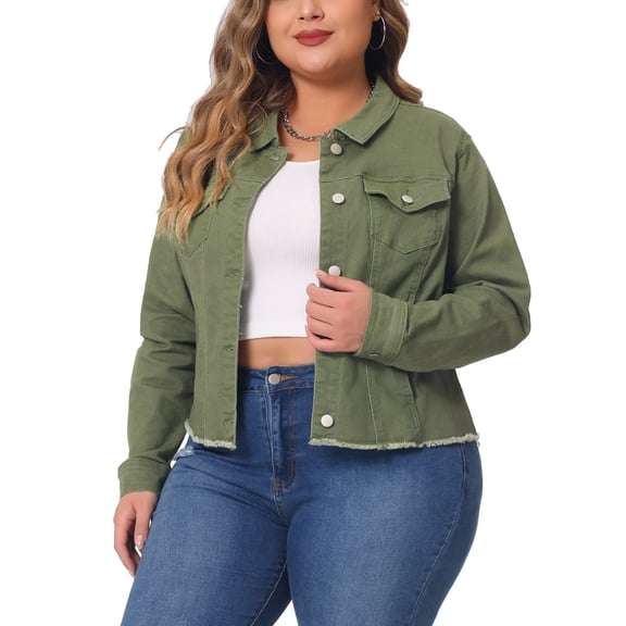 Agnes Orinda Women's Plus Size Jean Jackets Long Sleeves Washed Casual Denim Coats with Pockets 2X Green
