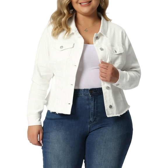 Agnes Orinda Women's Plus Size Jean Jackets Long Sleeves Washed Casual Denim Coats with Pockets 4X White