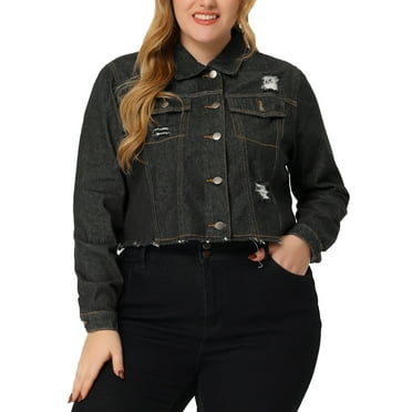 Agnes Orinda Women's Plus Size Denim Jackets Washed Button Front Long Sleeve Ripped Frayed Crop Denim Jacket 1X Black