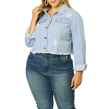 Agnes Orinda Women's Plus Size Denim Jackets Washed Button Front Long Sleeve Ripped Frayed Crop Denim Jacket 2X Light Blue